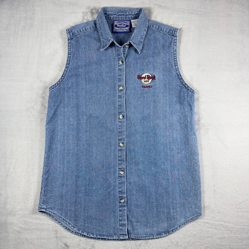 Hard Rock Cafe Vintage‎ Denim Sleeveless Shirt 100% Cotton Womens size Large